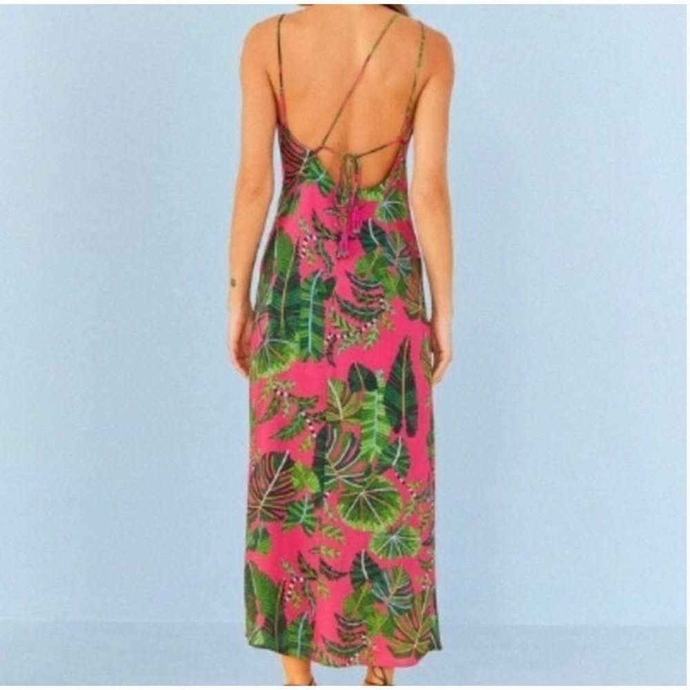 Farm Rio Pink Tropical Palm Leaf Print Ruched Side Spaghetti Strap Maxi Dress - Picture 3 of 10